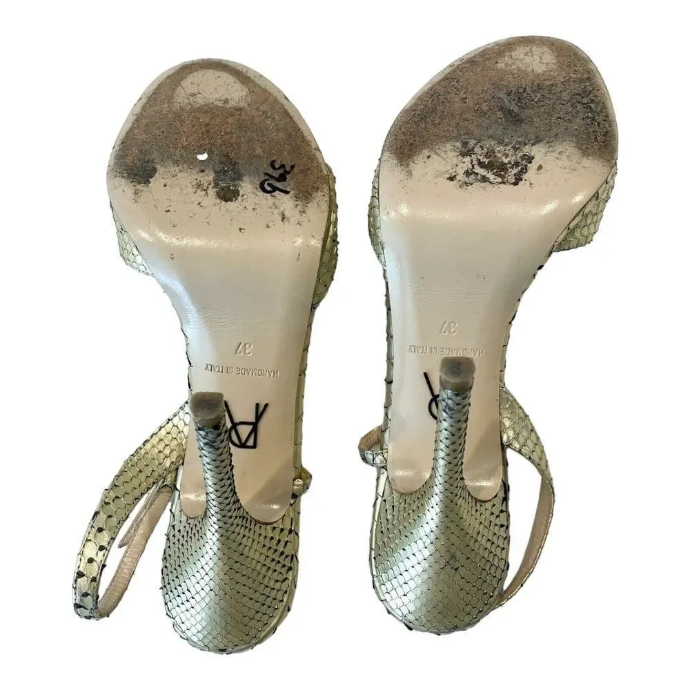 Paul Andrew Italy Gold Snakeskin Leather Strappy Platform Stiletto Sandals 37 EU